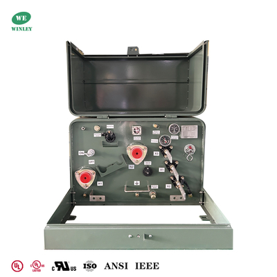 محولات توزيع مثبتة على وسادة أحادية الطور بقدرة 50 كيلو فولت أمبير لرفع الجهد من 240 فولت إلى 4160 فولت، معتمدة من UL و CSA، وتتوافق مع معايير ANSI و IEEE. السعر