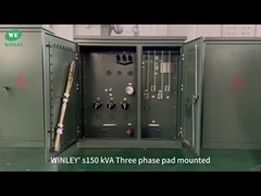 محول مثبت على وسادة ثلاثي الأطوار 150 كيلو فولت أمبير، مدرج في قائمة UL، 12870 فولت إلى 208 فولت، تغذية شعاعية، معايير ASNI IEEE